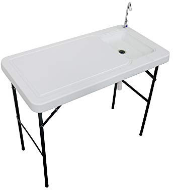 Stromberg's Mesa plegable de limpieza de peces y juegos para exteriores con fregadero, manguera de drenaje mejorada portátil y duradera, grifo de acero inoxidable, color blanco