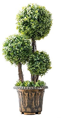 Künstlicher Buchsbaum, 3 Kugeln, Kunstbäume, Buchsbaum, mit Echtholzstamm und natürlichem Blatt, 69 cm
