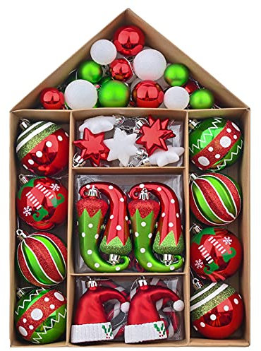 Valery Madelyn Weihnachtsschmuck-Set, 70 Karat, Elfe, rot, grün, weiß, bruchsicher, Christbaumschmuck, Kugel-Ornamente, dekorative hängende Ornamente für Weihnachtsbäume, Urlaub, Party-Dekoration