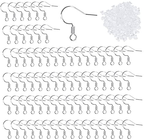 Lot de 100 crochets pour boucles d'oreilles, en argent sterling 925, avec 120 bouchons d'oreille en caoutchouc transparent, pour le bricolage et la fabrication de bijoux
