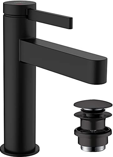 hansgrohe Waschtischarmatur Finoris, Wasserhahn Bad mit Auslauf Höhe 110 mm, mit Push-Open Ablaufgarnitur, Badarmatur wassersparend, Mattschwarz