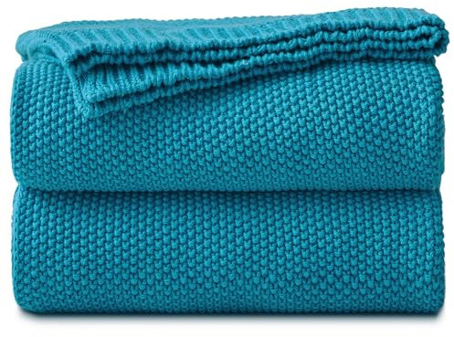 Longhui bedding Lake Blue Cotton Cable Knit Throw Blanket for Couch Sofa Bed, Home Decorative Lightweight Knitted Blankets with Bonus Laundering Bag, 60“ x 80”, Teal Color