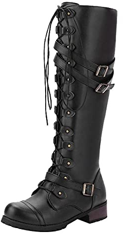 PAIDAXING Botas altas hasta la rodilla para mujer, con cordones, góticas, vintage, punk, con hebilla, militar, de combate, de piel sintética, talla 3-7