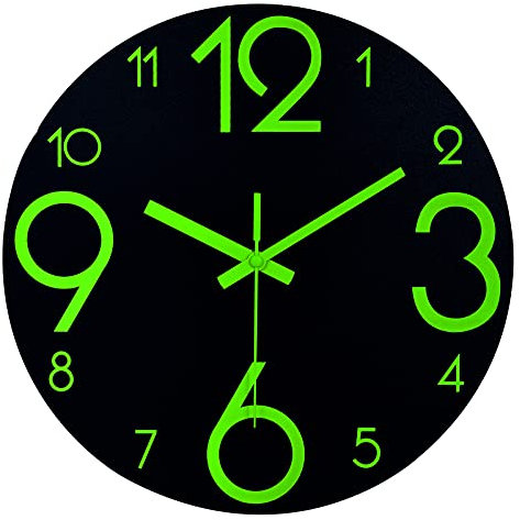 Plumeet Leuchtende Wanduhr -12-Zoll Leise Holzuhr Fluoreszierend - Große Dekorative Wanduhr für Küche, Büro und Schlafzimmer (Schwarz)