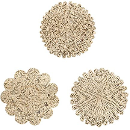 Yeekg 3 Stück Stroh-Tischsets, handgefertigt, gewebte Platzsets für Esstisch, rund, geflochtene Rattan-Tischsets für Untersetzer, Pfannen, Teekannen