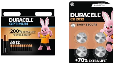 Duracell Batterie Optimum AA(pacco da12)-Alcaline da 1.5V -Fino al 200% di extra durata & Batterie a moneta al litio da 3 V Duracell CR2032 (confezione da 4)