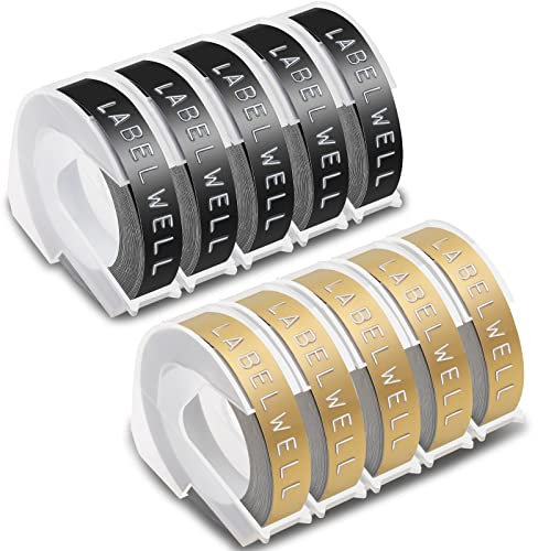 Labelwell 9mm x 3m Kompatibel Dymo Junior Etikettenband Ersatz für Dymo Omega Prägeband für Dymo Omega Etikettenprägegerät Junior Prägegerät E-303 E-101 Labelmaker, Schwarz/Gold, 10er