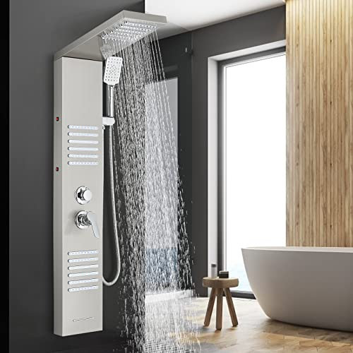 TVTIUO Columna ducha hidromasaje,Set de Ducha 4 Función con Luces led,Ducha de Mano,Sistema de Ducha para Baños,níquel pulido(Acero Inoxidable)