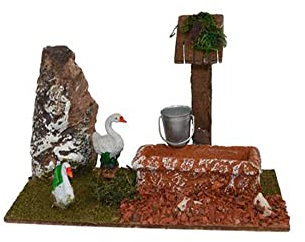 Scenario ABBEVERATOIO con fontana completa di Animali fattoria da Cortile in Miniatura per Presepe 17 x 8 x h.10 cm Stalla in legno soggetti in Resina papere, conigli e pecore Presepio