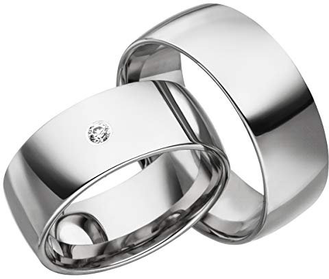 JC Trauringe 925er Sterling Silber Paar-Preis I Eheringe mit kostenfreier Gravur I Partnerringe 8mm breit inkl. Etui I Herren-Ring ohne & Damen-Ring mit Zirkonia-Stein I Größe 48 bis 72 I S068