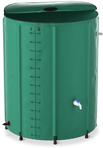 Aufun Barril de Lluvia 500L Plegable, Barril de Agua de Lluvia Tanque de Agua, Tanque de Agua de Lluvia con Válvula de Drenaje, Fácil Almacenamiento, Resistente al Óxido y a la Intemperie
