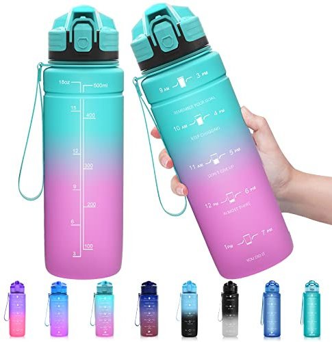 Sports Water Bottle Kids with Times to Drink Leakproof 1L / 700ml / 500ml 1Litre Drink Bottles BPA Free Motivational Adults, Gym, School, Running, Travel, Girls, Boys Filter Reusable
