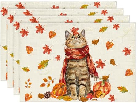 Artoid Mode Katze Kürbisse Ahornblätter Herbst Platzsets 4er Set, 30x45cm Urlaub Tischsets Waschbar Platzdeckchen Küche Party Deko