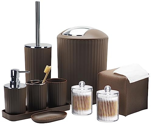 Bathroom Accessory Set - 10 Piece Brown Bathroom Accessories Set with Trash Can, Toothbrush Holder and Cup, Soap Dispenser, Soap Dish, Toilet Brush Holder, Vanity Tray, Qtip Holder, Tissue Box Cover