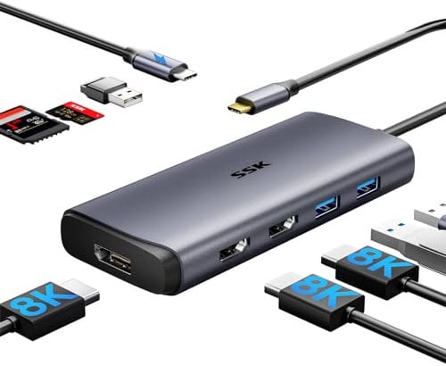 SSK USB C Docking Station 3 monitores, 9 en 1 Single 8K/Dual 4K60Hz USB C Hub DisplayPort Dock con 2 Puertos HDMI, DisplayPort, 100 W PD, 3 USB, SD/TF, Laptop Docking Station