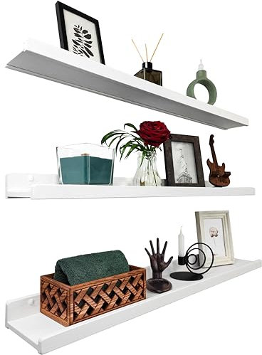 Wood Wedge Wandregal Weiß 90 cm, Regal Wand Holz 3er-Set, Hängeregal Wandhalterung Regalbrett, Modern Schweberegal, Schmales Bilderleiste für Badezimmer, Wohnzimmer, Küche, Schlafzimmer