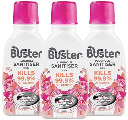 Buster Plughole Sanitiser Gel (Berry) Pack of 3 x 300ml | Fast-Acting Sink and Drain Cleaner, Long-Lasting Scent, Kills 99.9% of Germs, For Use in Drains and Stainless Steel Sinks