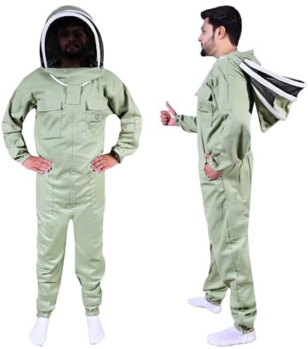 S Self Mark Bee Suit Professional Full Body Polycotton Beekeeping Clothes Veil Hood Hat Protective Beekeeping Suit Jacket Coat and Trouser Beekeepers Equipment for Men & Women (S, Olive Fancy Veil)