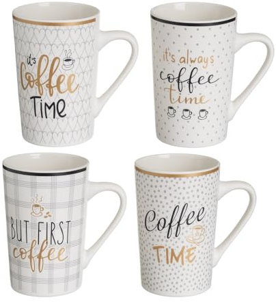 LOLAhome Juego de 4 taza mug Coffee negras y doradas de cerámica de 370 ml