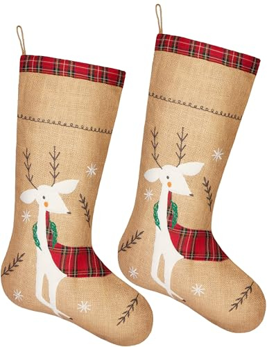 BRUBAKER 52 cm Weihnachtsstrumpf zum Befüllen und Aufhängen - Festliches Rentier - 2er Set großer Nikolausstrumpf für Weihnachten und Nikolaus - Weihnachtsdeko Strümpfe Weihnachtssocke aus Jute