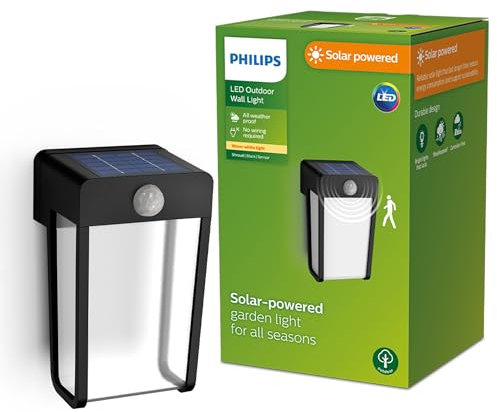 Philips lighting: Aplique pared Exterior Shroud, alimentación solar, 2.3W, 2700K, negro, cristal transparente, sensor movimiento, resistente a intemperie IP44