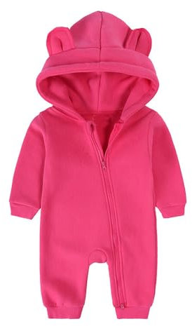 Alunsito Säugling Baby Jungen Mädchen Kleidung Reißverschluss Bärenohr Kapuze Jumpsuit Strampler Langarm Outfit Herbst Winter Warme Kleidung 73 Rose Rot 6-9 Monate