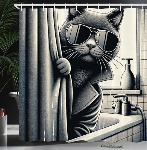 ABAKUHAUS Katze Duschvorhang, Lustige Katze in Trenchcoat Cooler Detektivtier in Einer Badewanne Monochrom, Stoffliches Gewebe mit Haken, 175 x 200 cm, Dunkelgrau Blasses Sepia