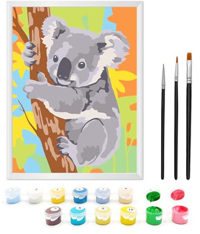 Zimrobin Malen Nach Zahlen ab 5 6 7 Jahre Mädchen und Junge, Malen Nach Zahlen für Kinder mit Rahmen 3 Pinsel und Acrylfarben, 18 X 24cm(Niedliches graues Koala