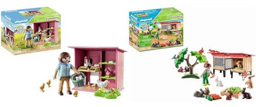 PLAYMOBIL Country 71308 Hühner mit Küken & Country 71252 Kaninchenstall, Tiere für den Bio-Bauernhof, Nachhaltiges Spielzeug für Kinder ab 4 Jahren