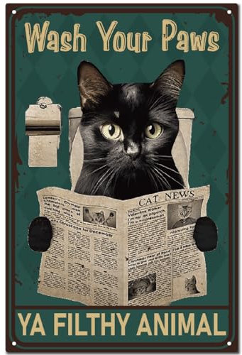 CREATCABIN Blechschild Katzen-Lesezeichen,Vintage-Metallschild,Poster,Retro-Gemälde,Plakette,Eisenschild,Wanddekoration,Kunstwandbild,Hängeschild Toilette,30x20cm,Wasch Deine Pfoten,Du Dreckiges Tier