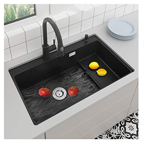 HASMI Lavello da Cucina Lavello in Pietra al Quarzo Lavello da Cucina Nero a Vasca Singola Lavello sottopiano Lavello di Grande capacità Lavello in Granito Lavandino Autoportante(Size:A)