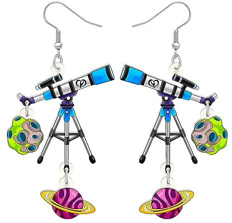 SHIGIE Acryl Tag Des Lehrers Neuheit UFO Außerirdische Äußeres Weltraum Ohrringe Baumeln Teleskop Satellit Planeten Reize Geschenke Für Frauen (Blau)