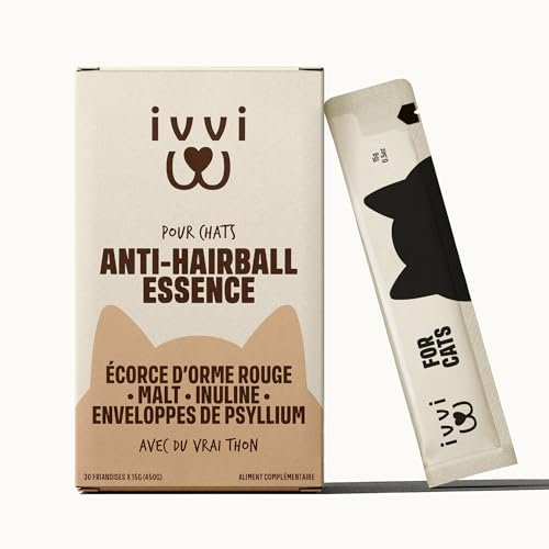 ivvi Anti-Hairball Essenza per Gatti – Crema Funzionale con Malto, Olmo Rosso, inulina e psyllium – Aiuta a eliminare i boli di Pelo – 30x15g – con Vero tonno