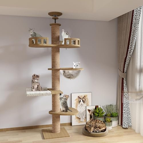 Mekidulu Arbre à chat, tendeur de plafond, capsule spatiale, hamac pour chat, entièrement enveloppé de corde en sisal, largeur de 11 cm, arbre à chat haut (240 ~ 250 cm, 265-275 cm)