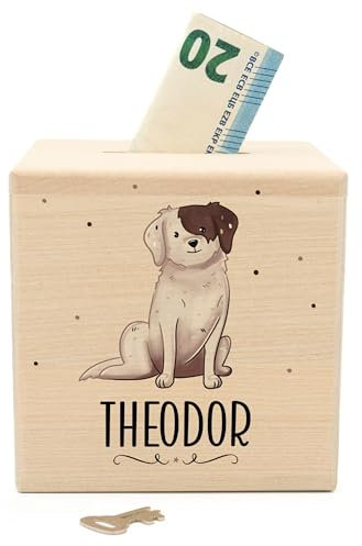 Muckelmeister Spardose Kinder Personalisiert mit Namen aus Holz - 10x10x10cm - Spardose mit Schloss und Schlüssel - Taufgeschenke für Mädchen und Jungen - originelle Geschenke zur Geburt – Hund