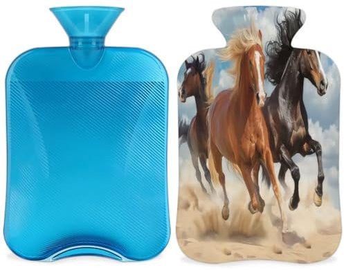 Animal Horse Hot Water Bottle with Cover, Running Horse Hot Water Bottle with Cover, 2L Hot Water Bag for Pain Relief, Neck and Shoulder, Hand Feet Warmer