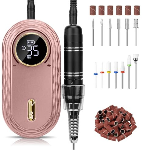 Madenia Electric Nail File 35000RPM, Professional Rechargeable Nail Drill Machine with Ceramic & Metal Drill Bits, Cordless E File Portable Efile for Acrylic Nails Gel Salon Home Manicure Use (Pink)