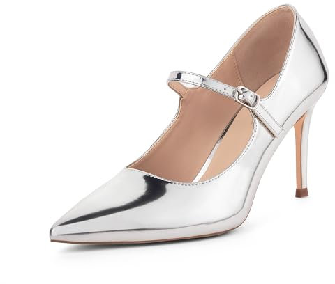 GENSHUO Women Mary Jane Pumps High Heels Pointed Closed Toe Stiletto with Strap Comfortable Vintage 3.2 Inch Office Wedding Dance Party Dress Shoes, Silver, 8.5 UK