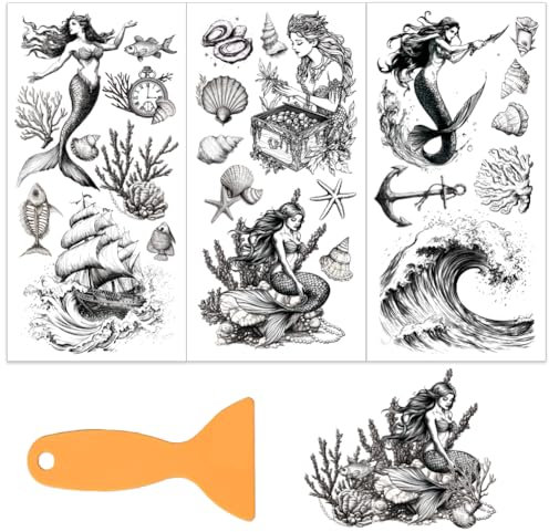 OLYCRAFT 3 Stück/Set Meerjungfrauen Transferfolien Zum Aufreiben Für Möbel Und Kunsthandwerk 15x30cm Ozeane Möbelaufkleber Dekor Schwarz Weiße Boote Möbel Transferaufkleber Für Holzmöbel Dekor