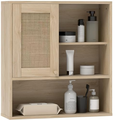 HOMCOM Armoire murale, meuble haut salle de bain avec porte coulissante en rotin et étagères ouvertes, meuble de salle de bain style bohème, meuble de rangement suspendu, 60 x 20 x 65 cm, bois naturel