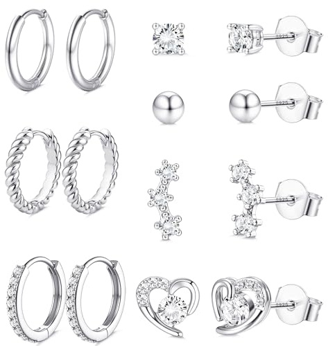 FIOROYAL 7 Paare Ohrringe Silber 925 Damen Mädchen-Hypoallergene Klein Ohrstecker Creolen Ohrringe Set-Cubic Zirkonia/Blumen/Herz Ohrringe Silber 925 Stecker Schmuck für Damen Mädchen