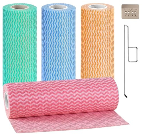 Dulynva 4 Rollo de Bayetas Desechable Trapos Cocina No Tejida Paño Limpieza Reutilizable Paños de Limpieza Rasgables Toallas Desechables Trapo con Porta Rollo Cocina Multiusos (200 Hojas/4 colores)