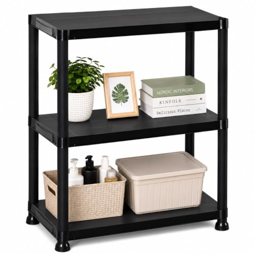 DIVCHI 3 Tier Plastic Storage Shelving Unit | Heavy Duty Shelf Rack for Home, Garage, Office & Utility Room | Shelf Rack (Black)