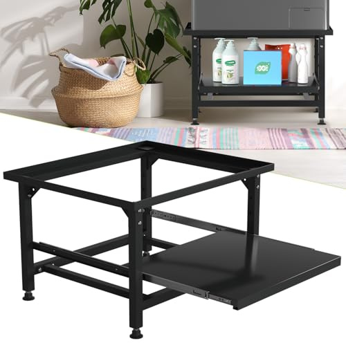 Eikuavons Waschmaschinen Untergestell 42cm mit Ausziehbarem Regal, Höhenverstellbare Füße, Geräuschdämpfung, 3-stufige Auszugsschublade, 150kg Tragfähigkeit, Schwarz