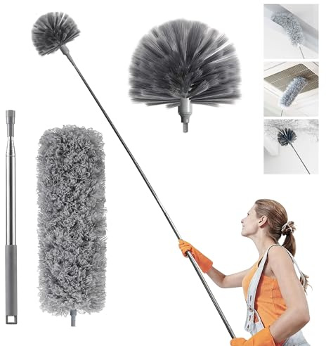 Overcomo 2-in-1 Extendable Long Feather Microfibre Duster&Cobweb Brush Set | 84 Extra Long Telescopic Duster for Cleaning Outdoor & Indoor High Ceilings Fan,Washable Reusable Heads for Home Cleaning