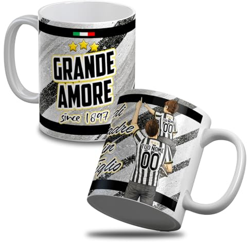 quickgadget Tazza Calcio Bianco Neri Personalizzata Padre e Figlio in Ceramica – Regalo Tifoso Bianconero con Nome e Numero – Idea Regalo Festa del Papà, Compleanno, Natale