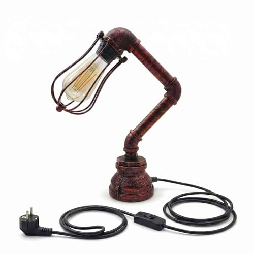LEDSone Steampunk Tischlampe aus Eisen, Industrielle Wasserrohr Tischleuchte im Retro Design, Nachttischlampe mit E27 Fassung, Energieklasse A (Rustikaler roter 2-Pin-Käfig)