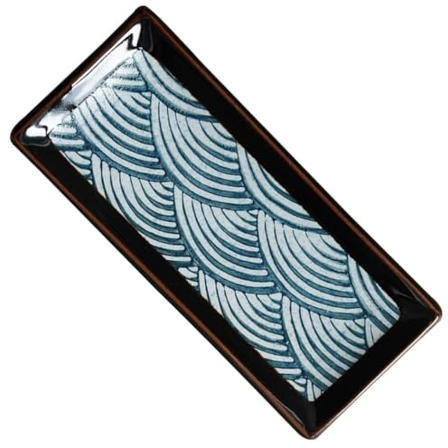 Ipetboom Plato de Sushi Rectangular de Cerámica Diseño Estampado Azul Seigaiha, 8.5 Pulgadas, Bandeja para Servir Comida Japonesa en Restaurante y Hogar Reutilizable