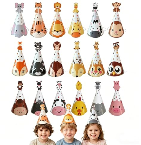 KOQAIIZ 18 Piezas Gorros de Cumpleaños para Niños, Coronas de Fiesta Temática de Animales de la Granja y Selva, Sombreros de Cartón para Decoración de Fiestas Infantiles y Celebraciones