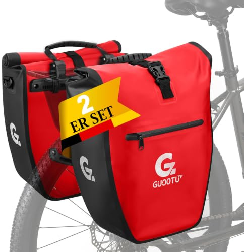 GUOOTU 2 Er Set Fahrradtasche für Gepäckträger 48L,aus Tarpaulin Hinten Gepäckträgertasche mit Reflektoren, mit Tragegriff und Schultergurt (Rot und Schwarz 24L, 2er Set)